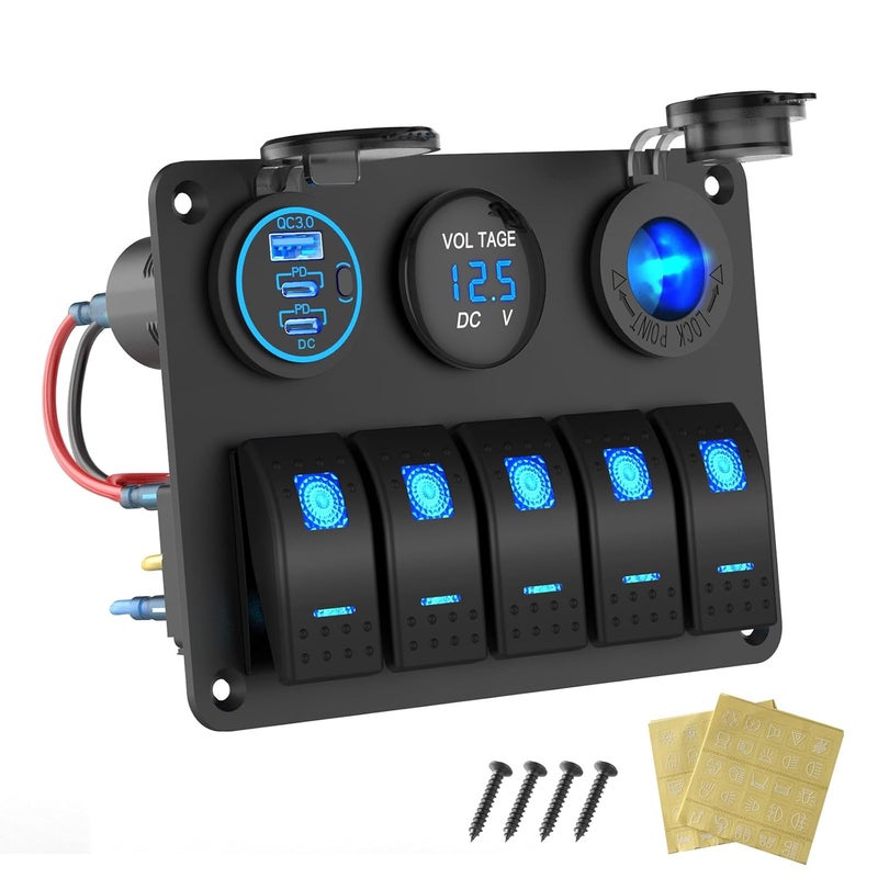 Hapytrip Marine Boat Switch Panel Waterproof, 5 Gang Marine Rocker Switch Aluminum Panel with 3 Port 66W 12V USB Outlet Car Charger, 150W Cigarette Lighter Socket and Blue LED Voltmeter for Truck Car RV, etc. - Image 1